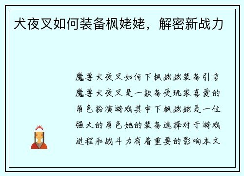 犬夜叉如何装备枫姥姥，解密新战力